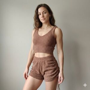 BuffBunny Loop Yarn Set Womens XS Death Before Decaf Brown Top Shorts Lounge